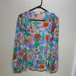 Emily Wonder Vibrant Floral Blouse Ruffle Details Feminine with balloon sleeves